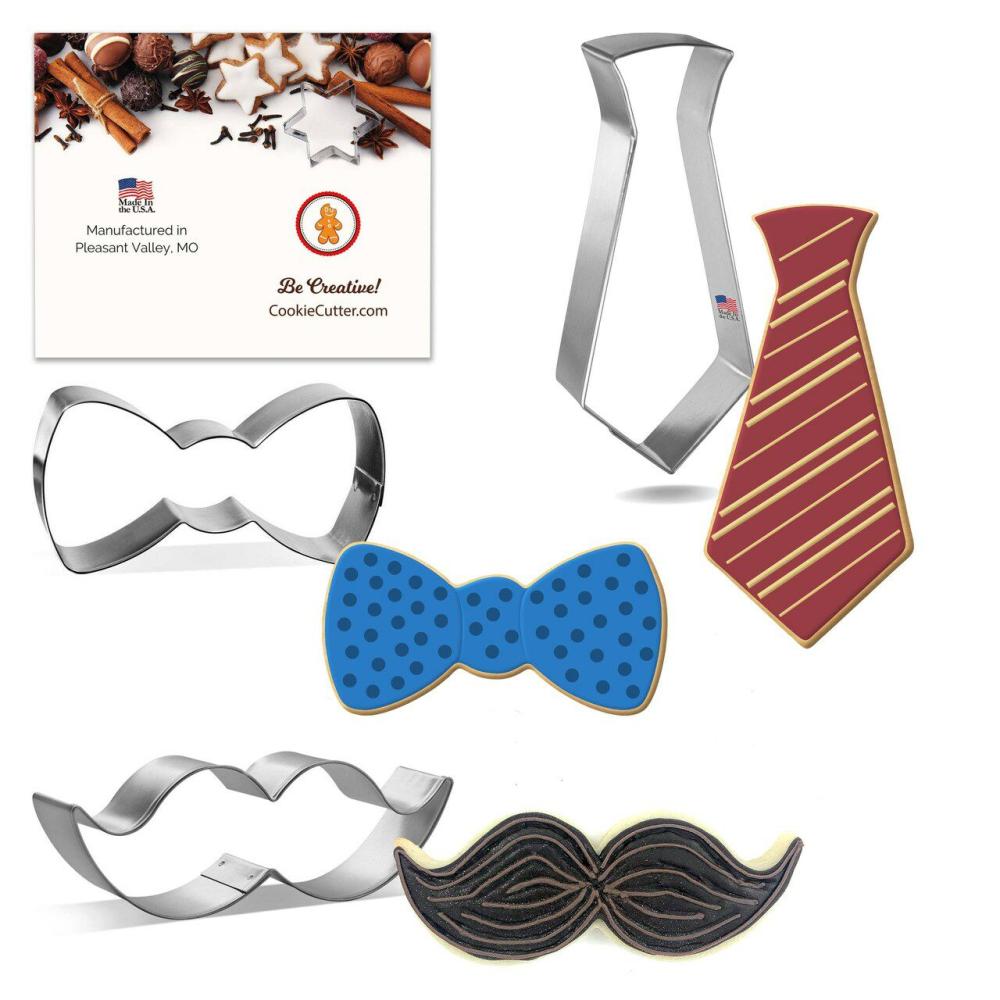 Decorating Tools |  Fathers Day 3 Piece Set, Mustache, Bow, Tie, Tin Plate Steel, USA Baking & Kitchen Decorating Tools