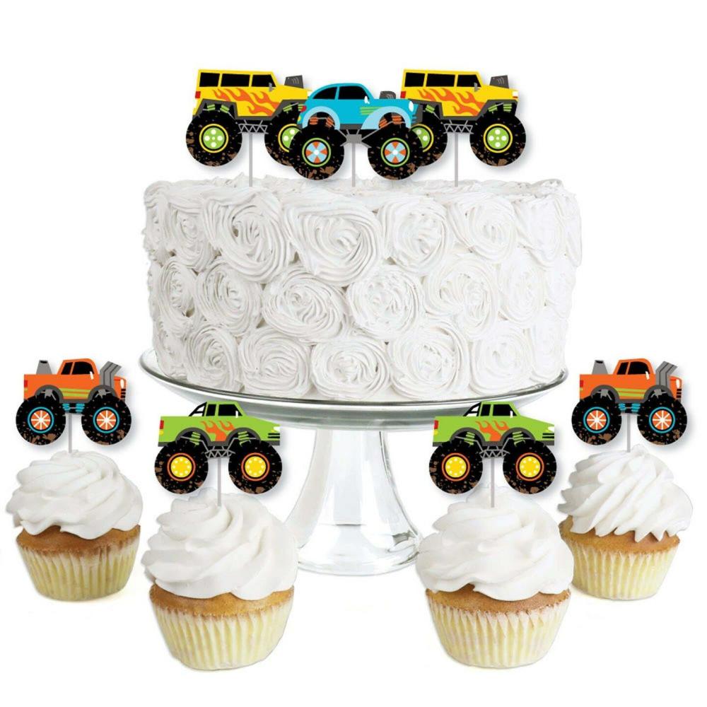 Decorations |  Smash and Crash – Monster Truck – Dessert Cupcake Toppers – Boy Birthday Party Clear Treat Picks – Set of 24 Multicolor Baking & Kitchen Decorations