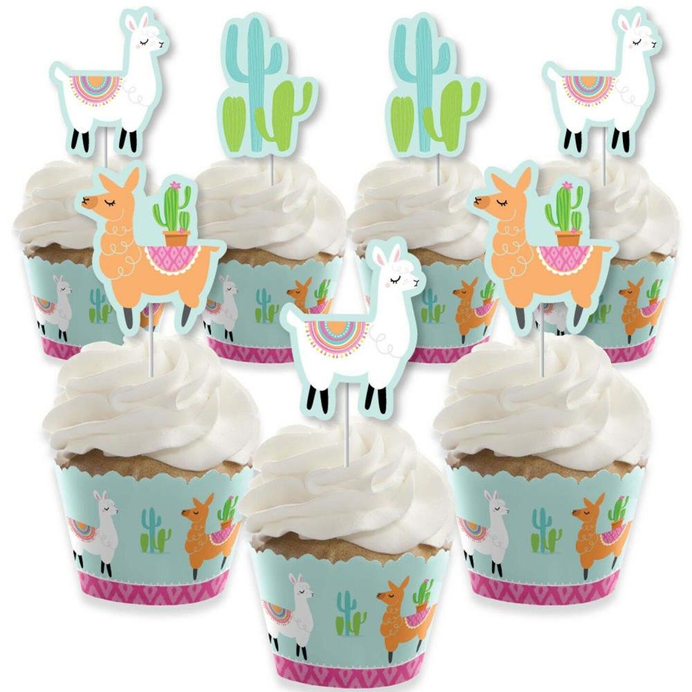 Decorations |  Whole Llama Fun – Cupcake Decoration – Llama Fiesta Baby Shower or Birthday Party Cupcake Wrappers & Treat Picks Kit – Set of 24 Blue Baking & Kitchen Blue