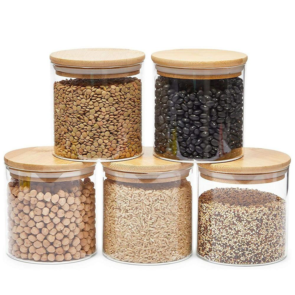 Kitchen Storage & Organization |  Glass Canisters with Airtight Bamboo Lids for Pantry Storage (4 x 4.13 In, 5 Pack) Clear Baking & Kitchen Clear