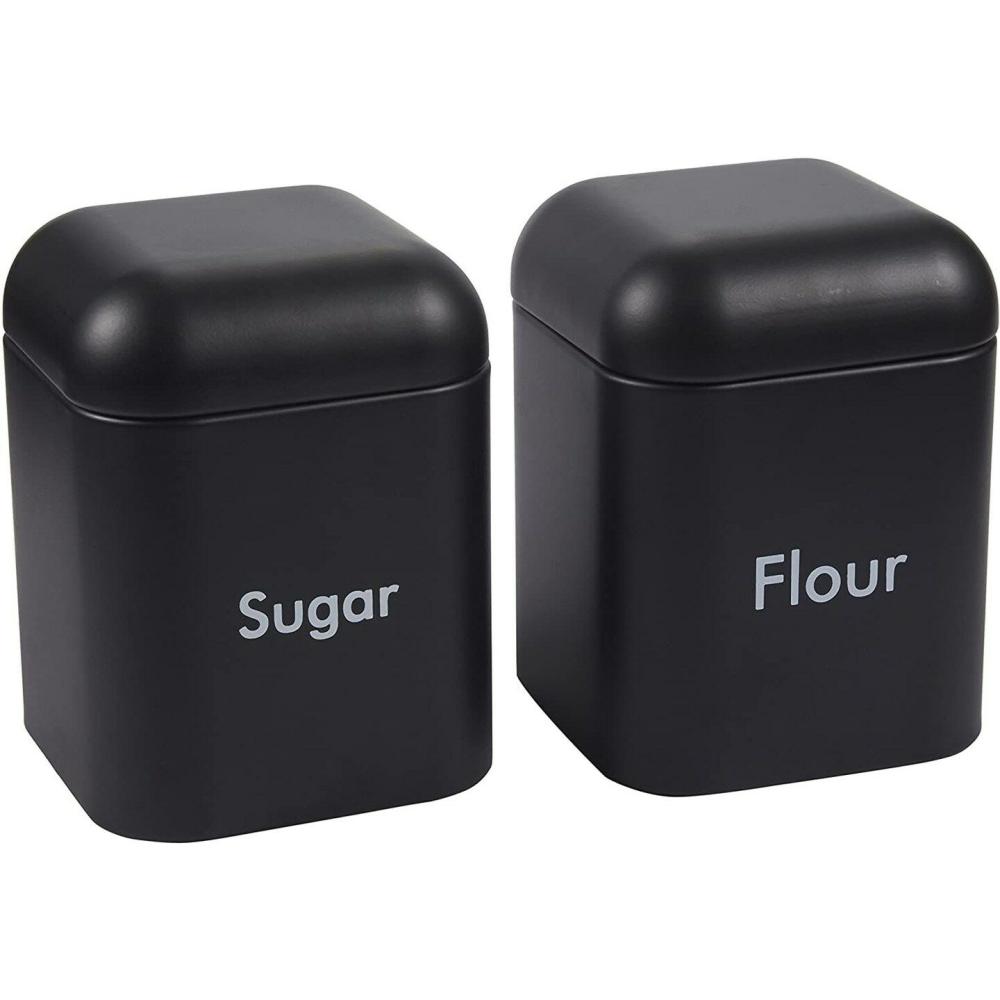 Kitchen Storage & Organization |  Set of 2 Black Flour and Sugar Canisters for Kitchen, Iron Containers for Storage (40 oz, 4.5 x 6 In) Black Baking & Kitchen Black