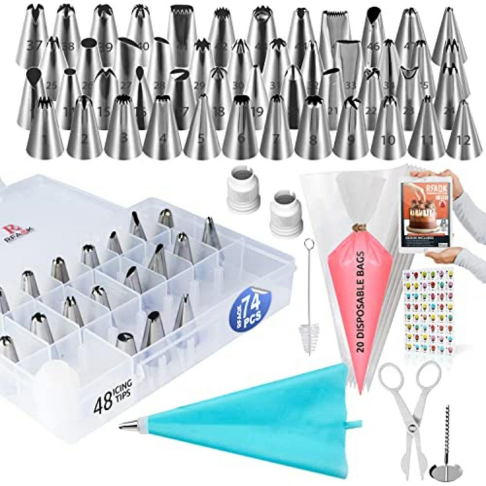 Decorating Tools |  74 PCs Icing Piping Bags and Tips Set, Cake Decorating Kit with 48-Numbered Piping Tips, 20+1 Pastry Bags for Cookie Cupcake Cake Decoration, Cake Decorating Tips Set with Booklet and E-book Baking & Kitchen Decorating Tools