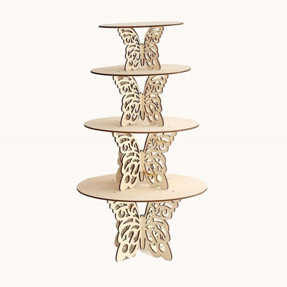 Packaging & Display |  4 NATURAL Wooden Dessert CAKE STAND Laser Cut Butterfly Design Baking & Kitchen Packaging & Display